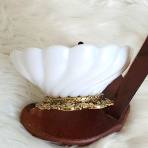 Vintage Mementos Milk glass and brass dish Pottery candy vase